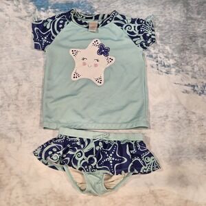 Gymboree Girls 5T 2 Piece Swimsuit Star Rash Guard Set Blue Ruffle Bottoms